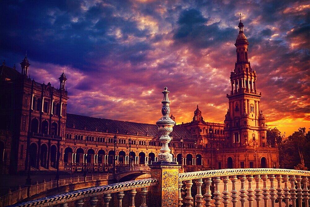 Seville Sevilla Plaza de Espana at sunset in Andalusia Spain square