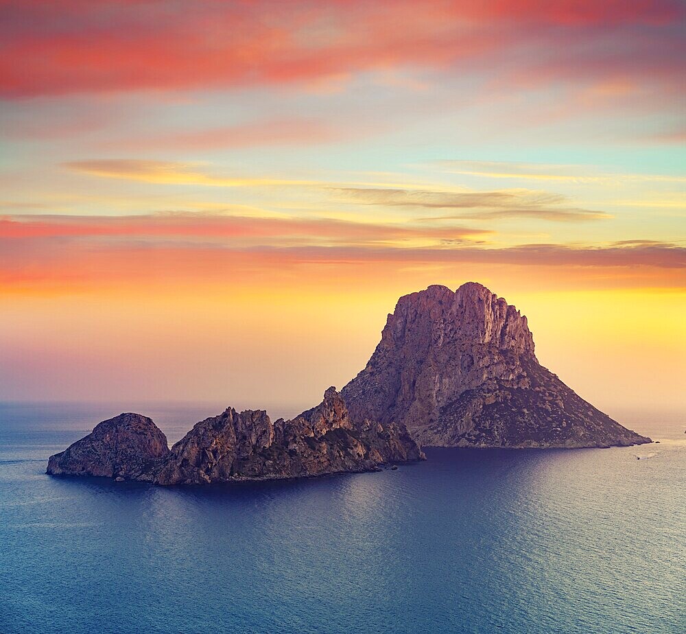 Es Vedra islet sunset in Sant Josep of Balearic Islands