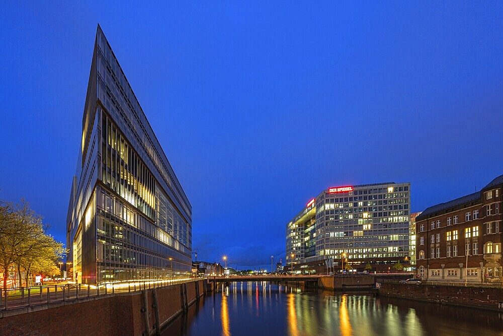 Modern office buildings reflect in the water at night, illuminated by numerous lights, Blue Hour, Deichtor Centre, Free and Hanseatic City of Hamburg, Germany, Europe