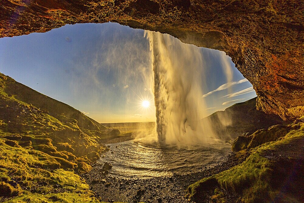 Behind Seljalandsfoss, south coast, Iceland, Europe