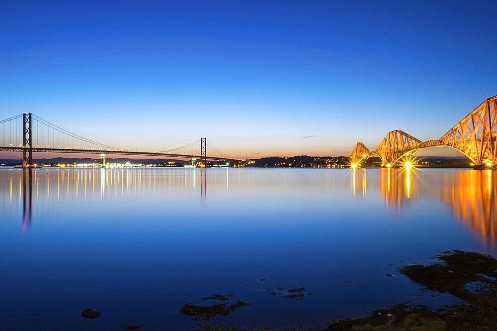 The bridges in South Queensferry, Scotland, at dusk