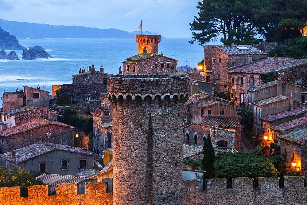 Tossa de Mar walled Old Town, medieval tower and battlement, rampart of the Vila Vella on Costa Brava, Catalonia, Spain