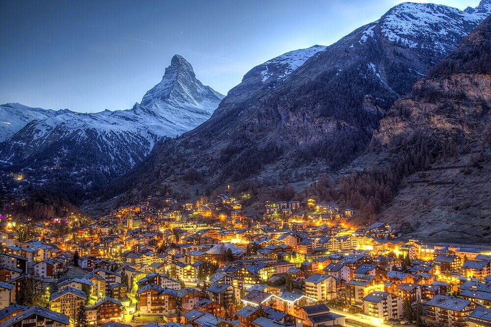 Panoramic view of the famous Matterhorn and Zermatt in the Swiss Alps in the evening
