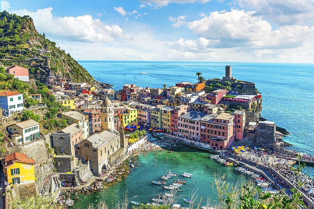 Vernazza, small italian town on the seashore, view from above