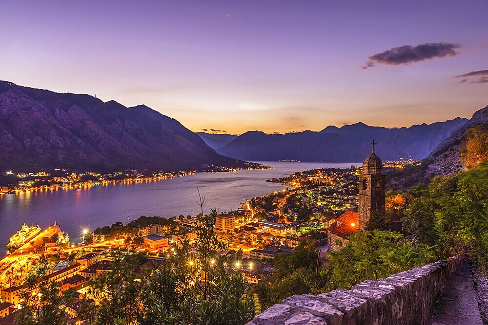 View on Kotor Bay and city from above at sunset, Montenegro