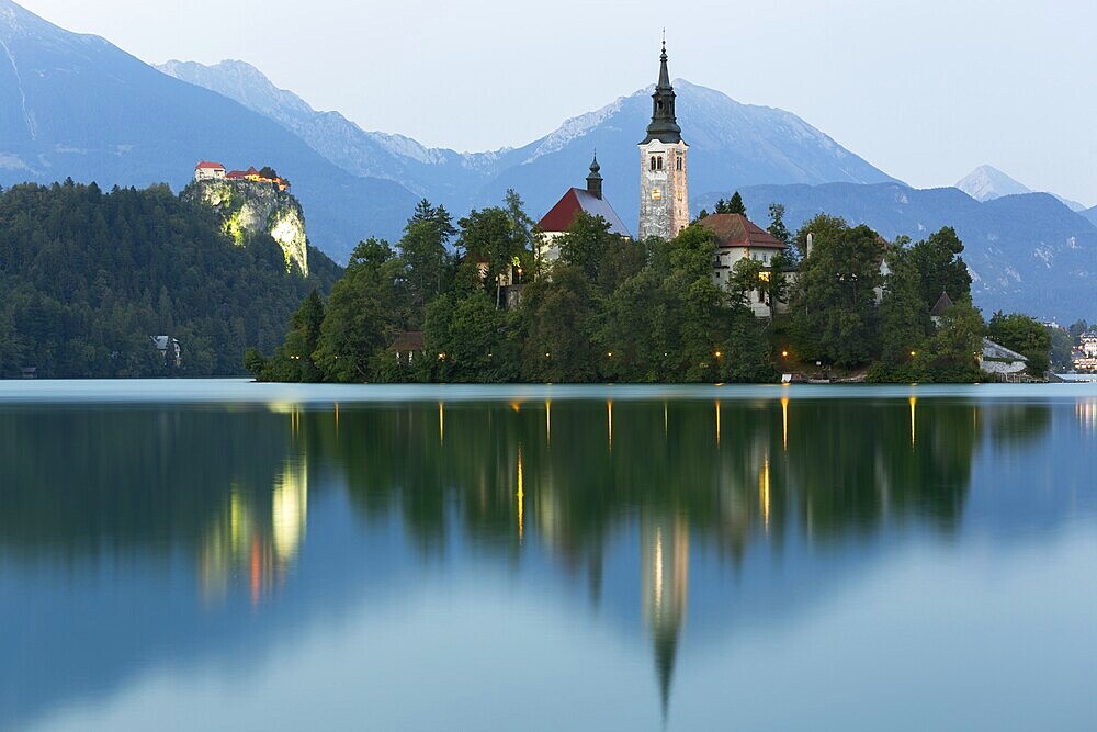 Bled Island and Bled Castle at dusk, Bled, Slovenia