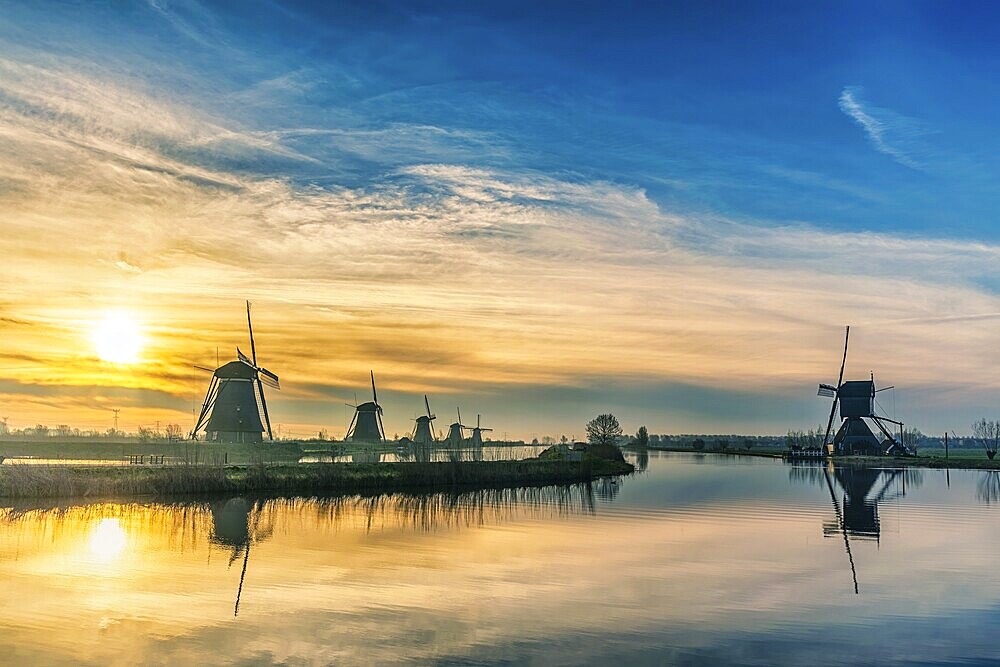 Rotterdam Netherlands, sunrise nature landscape of Dutch Windmill at Kinderdijk Village