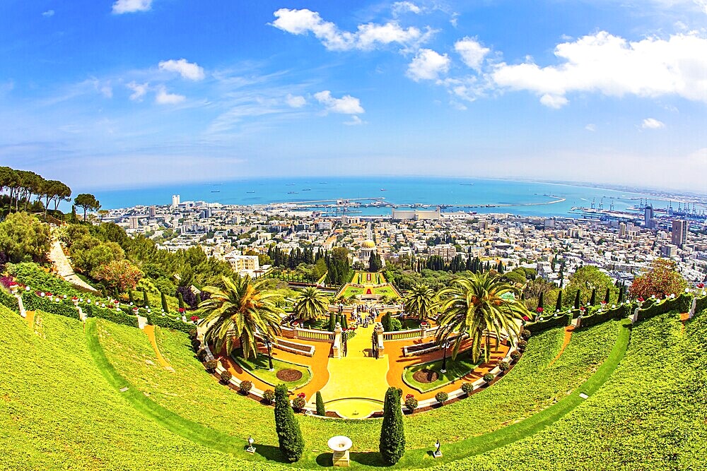 HAIFA, ISRAEL - MAY 6, 2017: Bahai World Center. View from Mount Carmel to the seaport of Haifa. Pilgrimage center and popular tourist destination. Sunny day by Mediterranean Sea