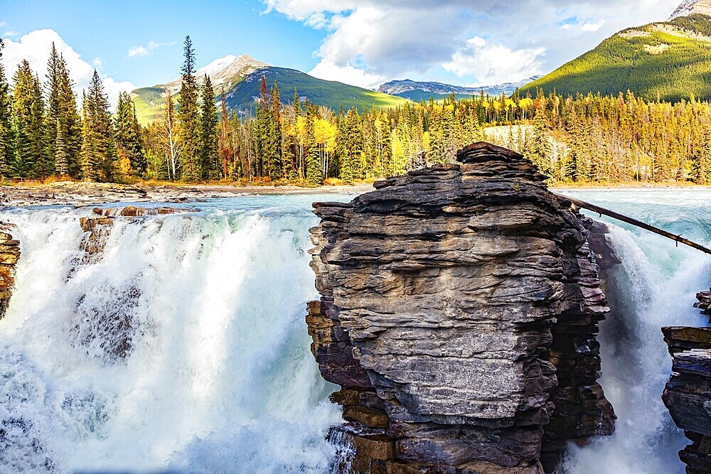 Magnificent rock divides thundering Athabasca Falls. Athabasca Falls is the most powerful waterfall in Alberta. Jasper Park. Canadian Rockies. Picturesque forest illuminated by sunset