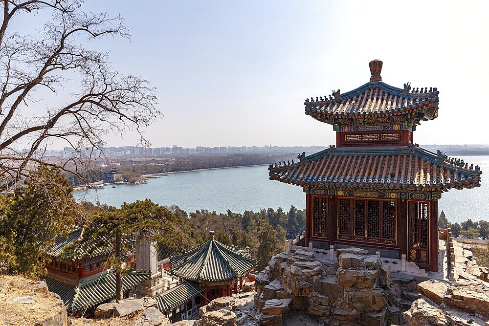 View from Longevity Hill at the Summer Palace across Kunming Lake towards Beijing, China in March 2013, Beijing, China