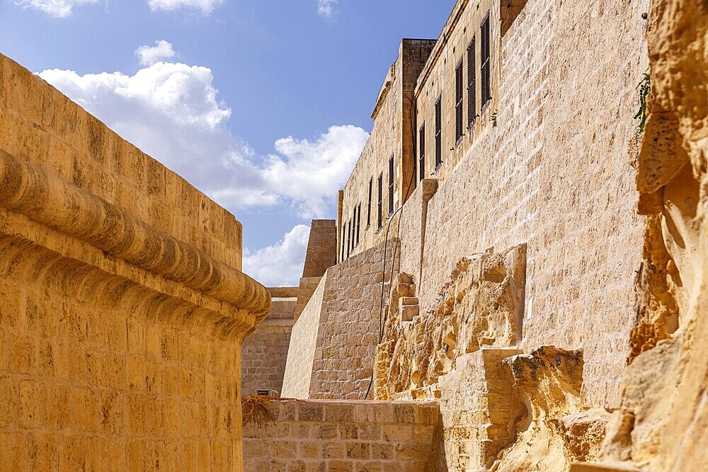 Walls of Fort St. Angelo, former fortress of the Knights of St. John, in Birgu, Malta, in 2017