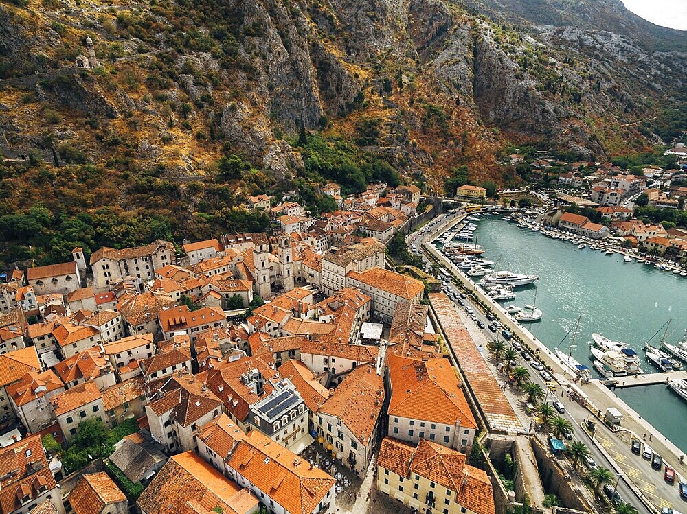 Top view of the pier and old town. Drone photo