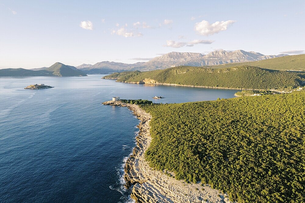 Lustica peninsula against the backdrop of mountains and the Arza fortress. Montenegro.