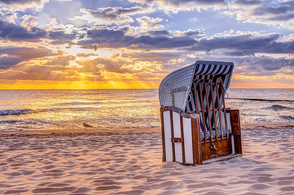 Wonderful morning sun at the beach in summer with beach chair