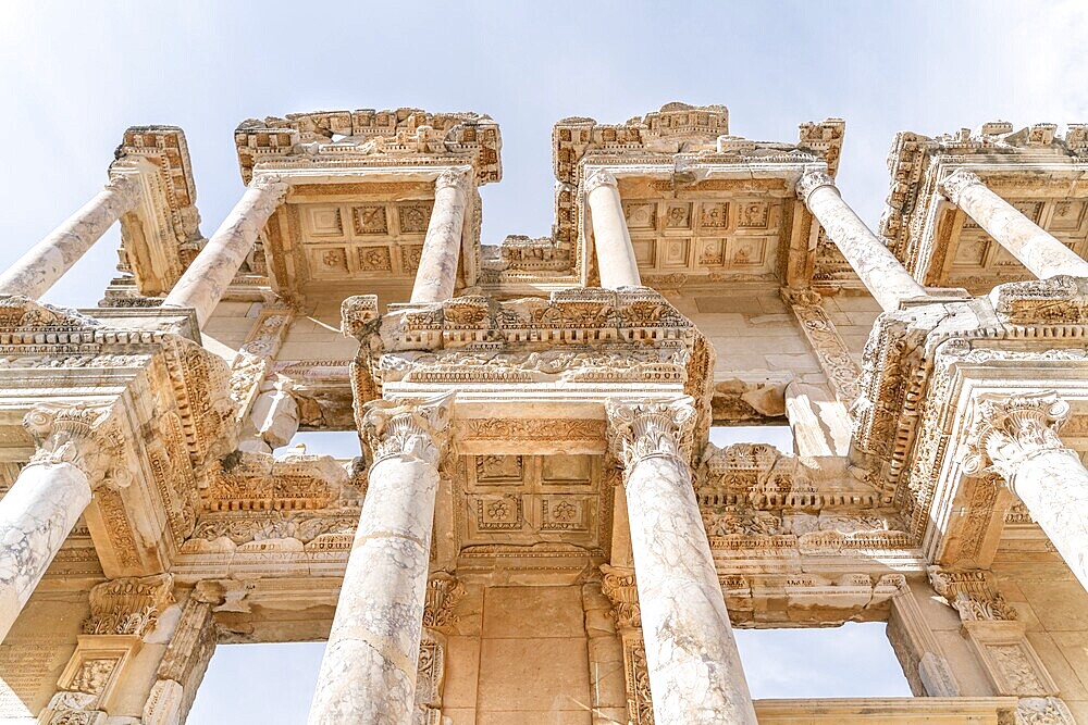 Celsus Library in Ephesus in Selcuk (Izmir), Turkey. Marble statue is Sophia, Goddess of Wisdom, at the Celcus Library at Ephesus, Turkey. The ruins of the ancient antique city