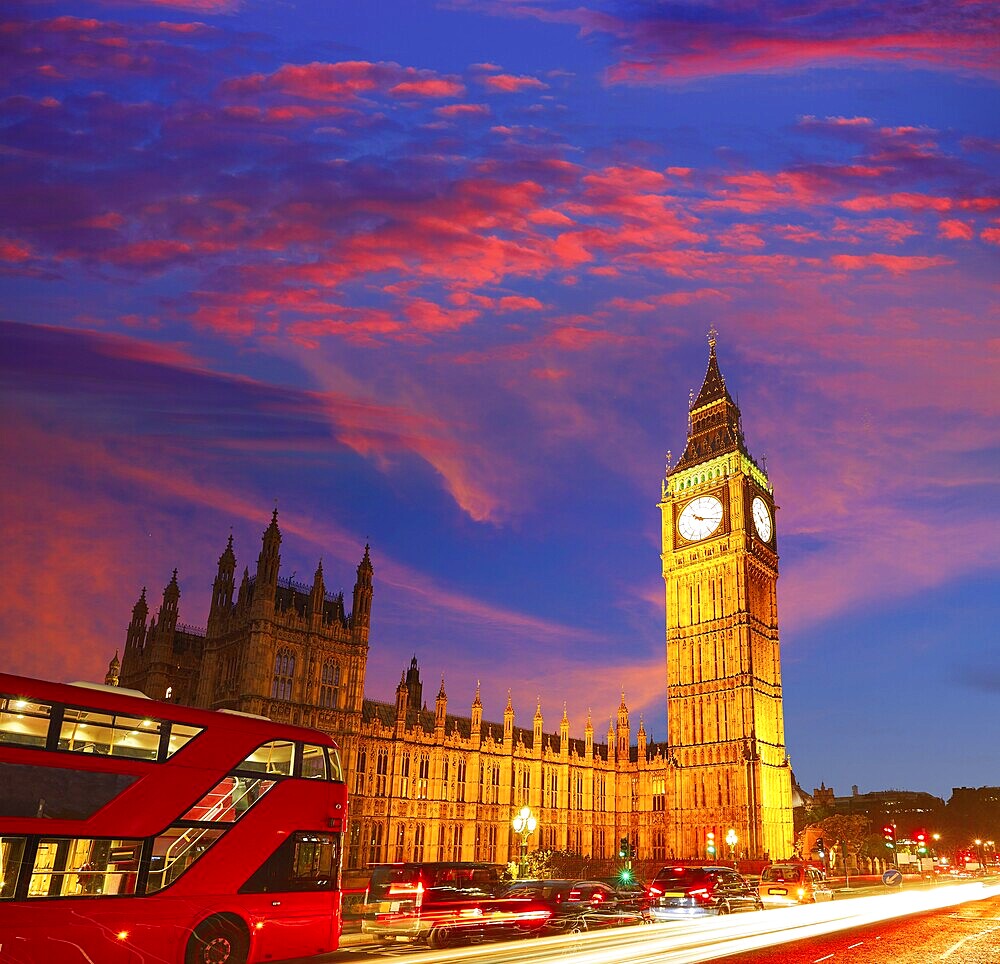 Big Ben Clock Tower with London Bus sunset in England