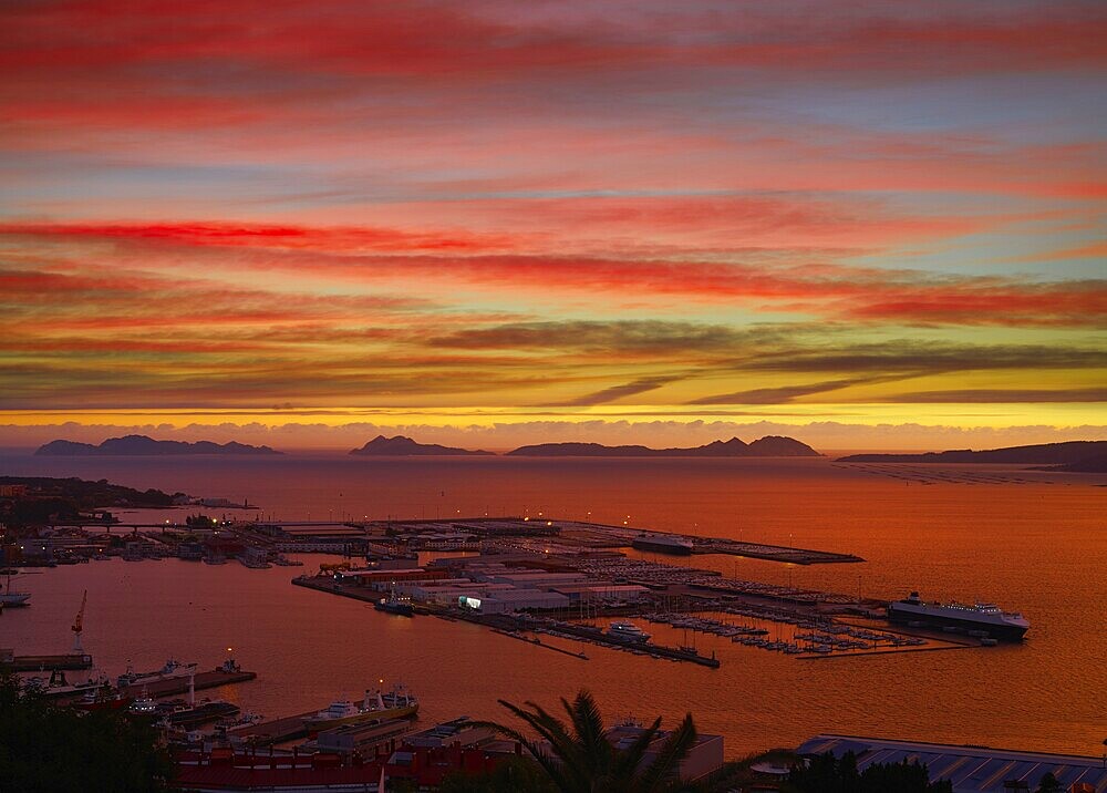 Vigo skyline and port sunset in Galicia of Spain