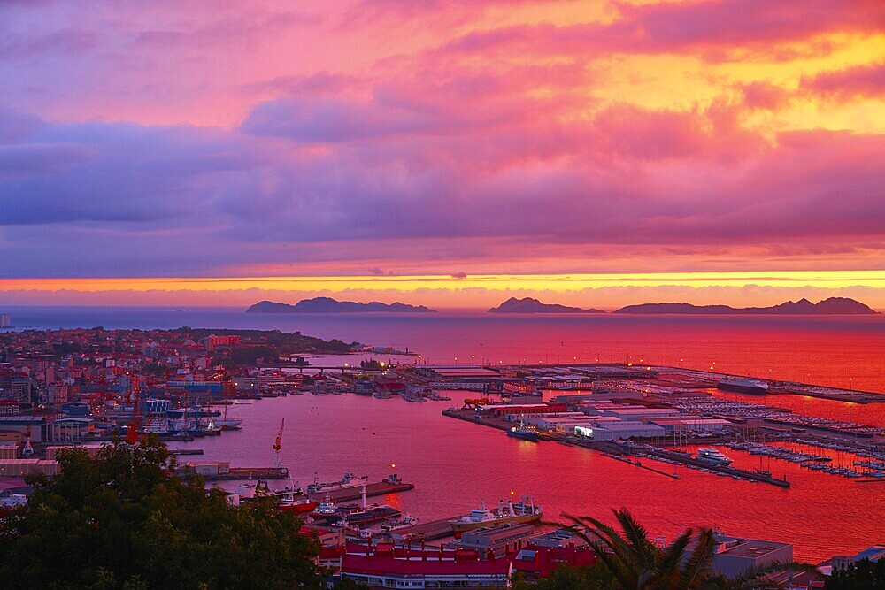 Vigo skyline and port sunset in Galicia of Spain