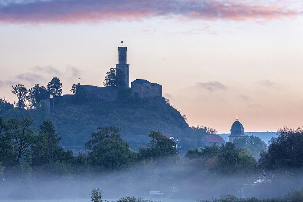 View of Felsberg with the Felsburg castle above the fog in the Eder valley, Felsberg, Hesse, Germany