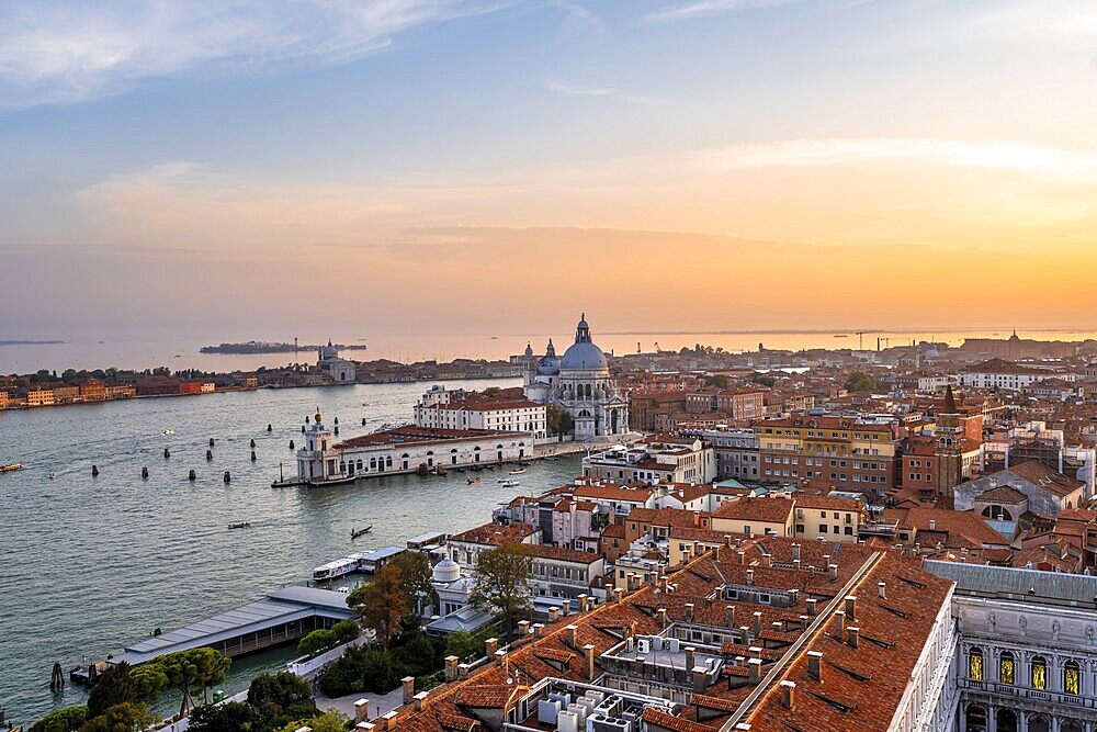 Basilica di Santa Maria della Salute on the Grand Canal at sunset, view from the Campanile di San Marco bell tower, city view of Venice, Veneto, Italy