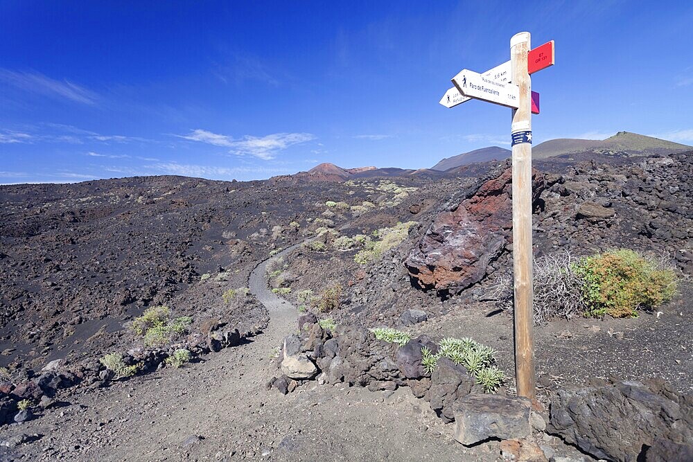 Trail Ruta de los Volcanes, Volcano Teneguia left, San Antonio volcano center, Monumento Natural de los Volcanes de Teneguía, La Palma, Canary Islands, Spain