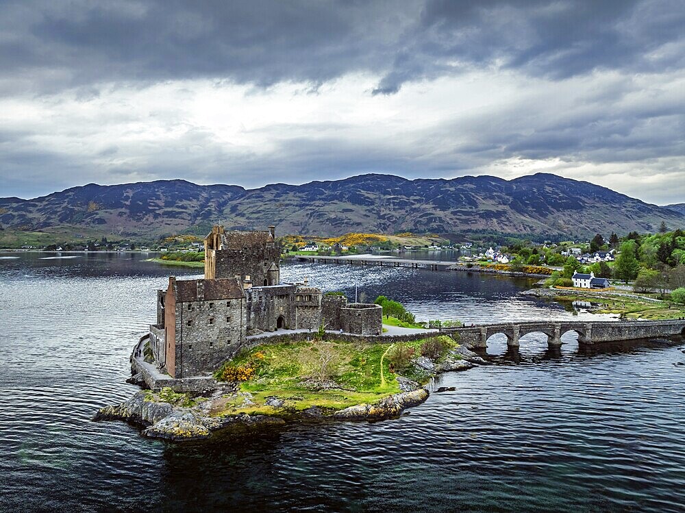 Eilean Donan Castle and Loch Duich from a drone, Isle of Skye, Highlands, Scotland, England, United Kingdom