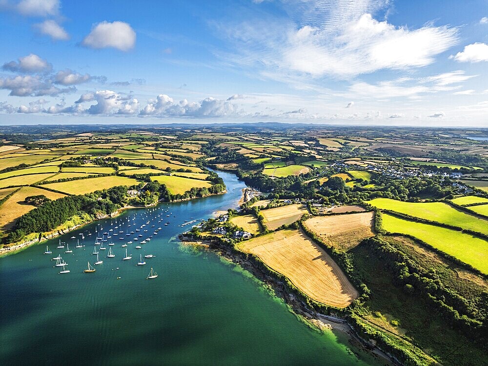 Farms and Fields over St Mawes from drone, Carrick Roads, River Fal, Falmouth, Cornwall, UK