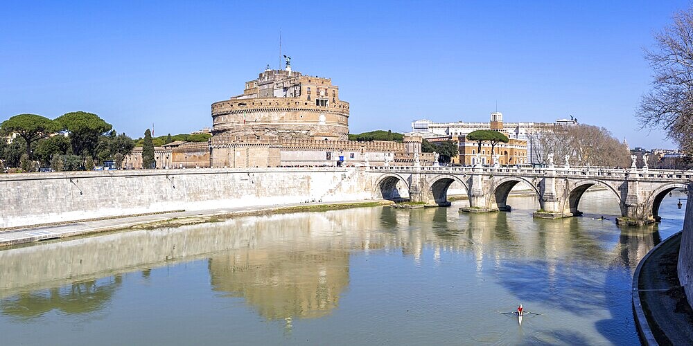 Historic Castel Sant'Angelo with Angel Bridge and river Tiber panorama in Rome, Italy