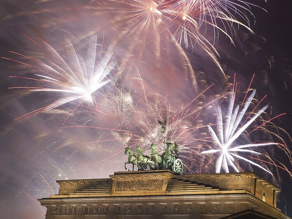 Fireworks over the Brandenburg Gate in Berlin, Germany, during New Year concert and celebrations
