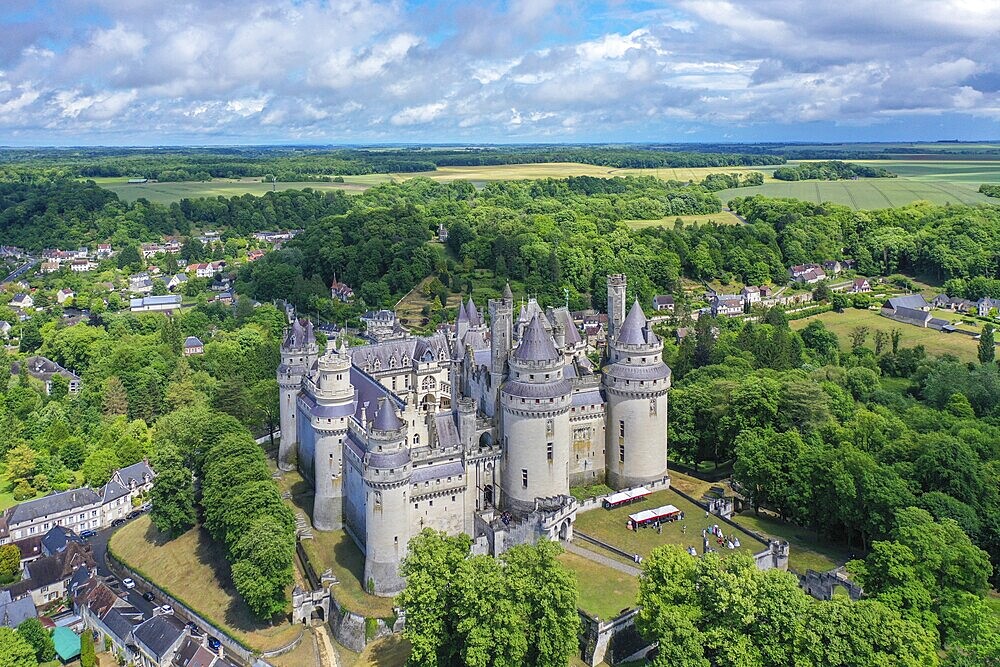 Aerial view Pierrefonds with castle Chateau de Pierrefonds, Departement Oise, Region Hauts-de-France, France