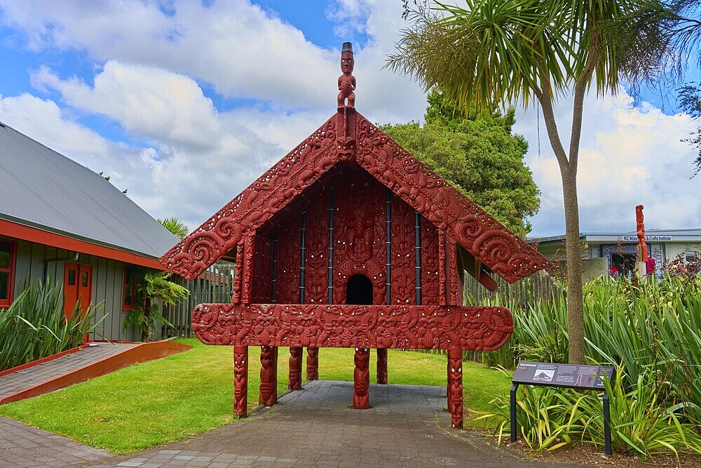 Small Maori building with red carvings surrounded by palm trees, New Zealand Maori Arts and Crafts Institute, Te Puia, Whakarewarewa, Rotorua, North Island, New Zealand