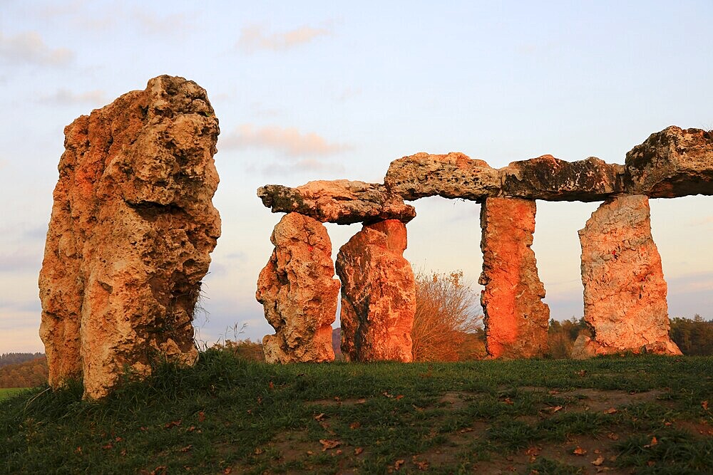 The Franconian Stonehenge in the evening light, permanent art installation made of boulders found during roadworks by Alexander Lämmlein near Tieferpölz in the district of Bamberg, Upper Franconia, Bavaria, Germany