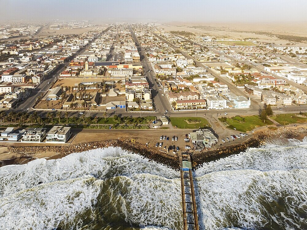 The coastal town of Swakopmund between Namib Desert and Atlantic Ocean. Aerial view. Namibia