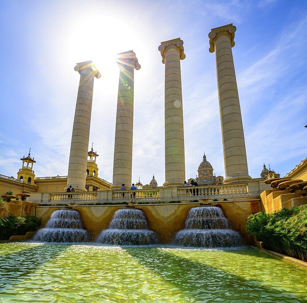 Water features in front of the Palau Nacional de Montjuic, National Palace at Montjuic, Museu Nacional d'Art de Catalunya, Barcelona, Catalonia, Spain