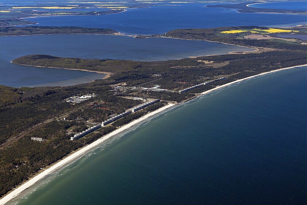 Binz, Colossus of Prora, general view, in the background the Little Jasmund Bodden, Rügen Island, Mecklenburg-Western Pomerania, Germany, aerial photo from a small aircraft, 27.04.2025  Binz, Colossus of Prora, general view, in the background the Little Jasmund Bodden, Rügen Island, Mecklenburg-Western Pomerania, aerial photo from a small aircraft, April 27, 2025 ++ Minimum fee 50, - euro ++