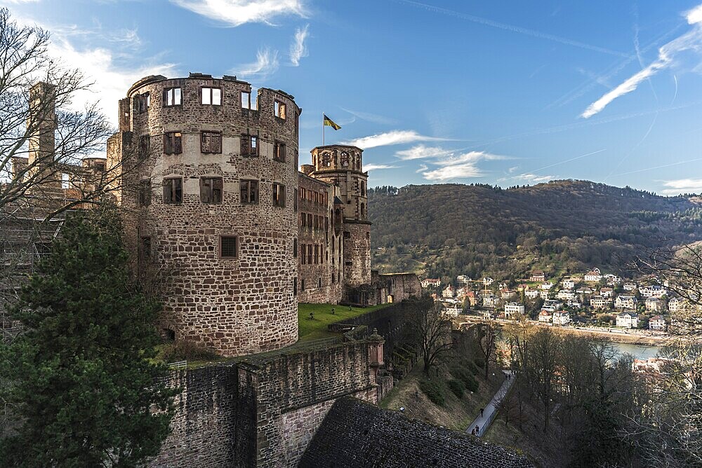 Heidelberg Castle, east side with apothecary tower and bell tower, Heidelberg, Baden-Württemberg, Germany