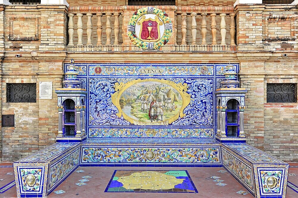 Plaza de España in Seville, Seville, Andalusia, Spain, Europe, Artfully designed mosaic with Gijón lettering and historical images