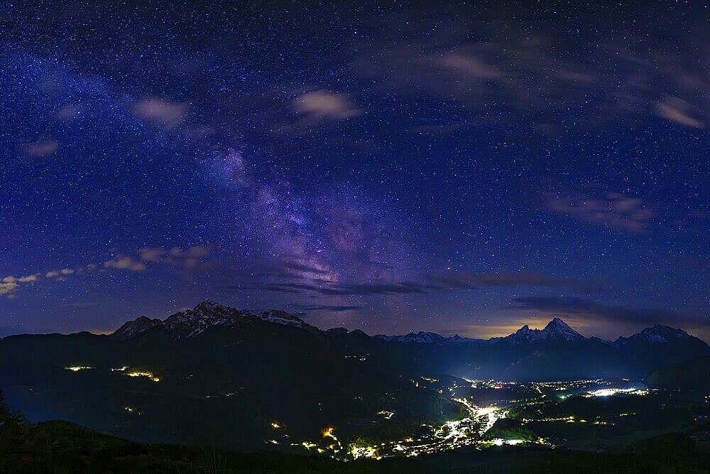 Milky Way over the valley basin of Berchtesgaden, behind Hoher Göll, Steinernes Meer and Watzmann, Berchtesgadener Land, Upper Bavaria, Bavaria, Germany