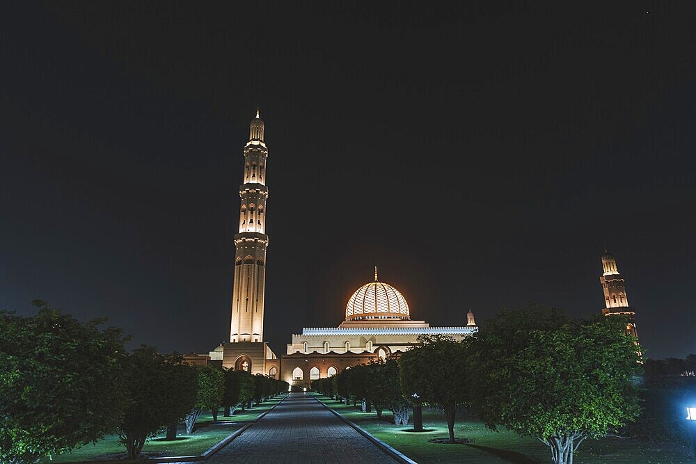 Sultan Qabus Grand Mosque, illuminated at night, Oman