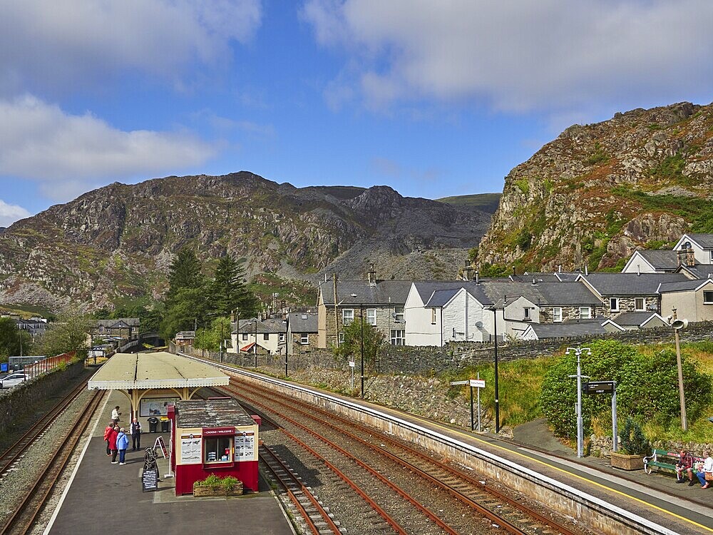 View of railway station, houses and mountains, Blaenau Festignog, Wales, UK