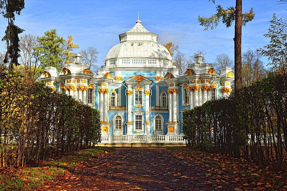 The Hermitage Pavilion in Catherine Park in the city of Pushkin, Russia, sunny autumn landscape