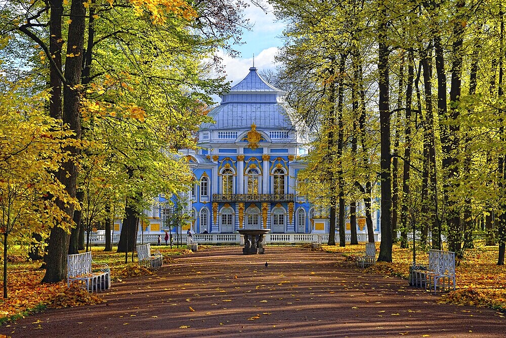 The Hermitage Pavilion in Catherine Park in the city of Pushkin, Russia, sunny autumn landscape