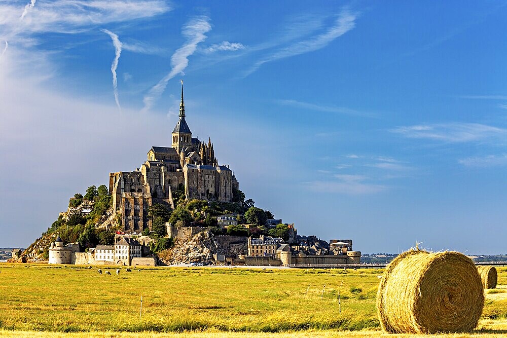 Imposing view of Mont Saint-Michel with a bale of straw in the foreground, Mont Saint Michel in Normandy, France