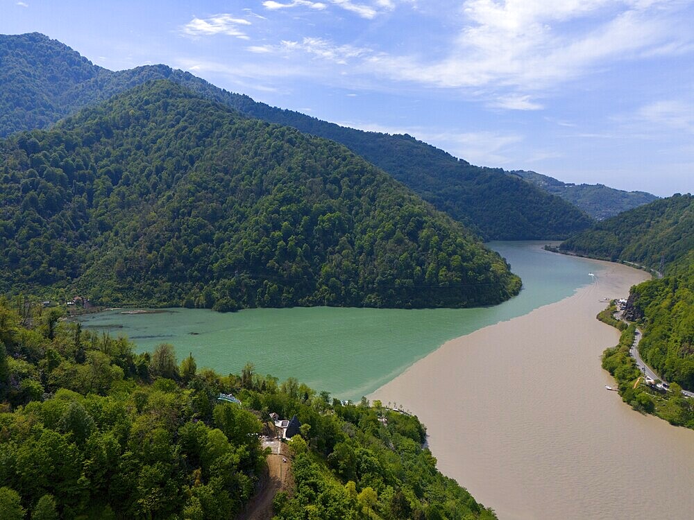 Two rivers meet, surrounded by forested mountains and blue sky, aerial view, confluence of Adjariszqali and Khorokhi, Adjaris-Tsqali, Adjaris-Tsqali, Autonomous Republic of Adjara, Lesser Caucasus, Georgia