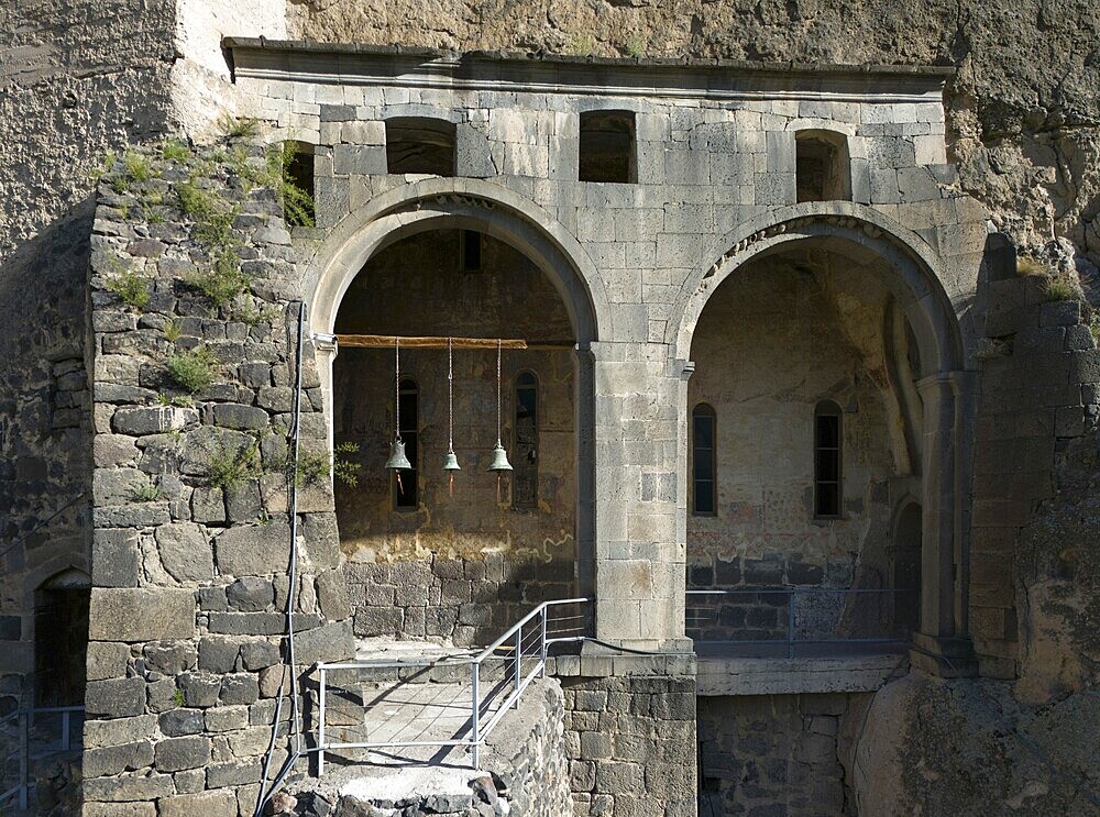 Historic architecture with bells and arcades, embedded in rocky structures, aerial view, Church of the Assumption, cave town, cave monastery, Vardzia, Vardzia, Samtskhe-Javakheti region, Samtske Javakheti, Lesser Caucasus, Georgia