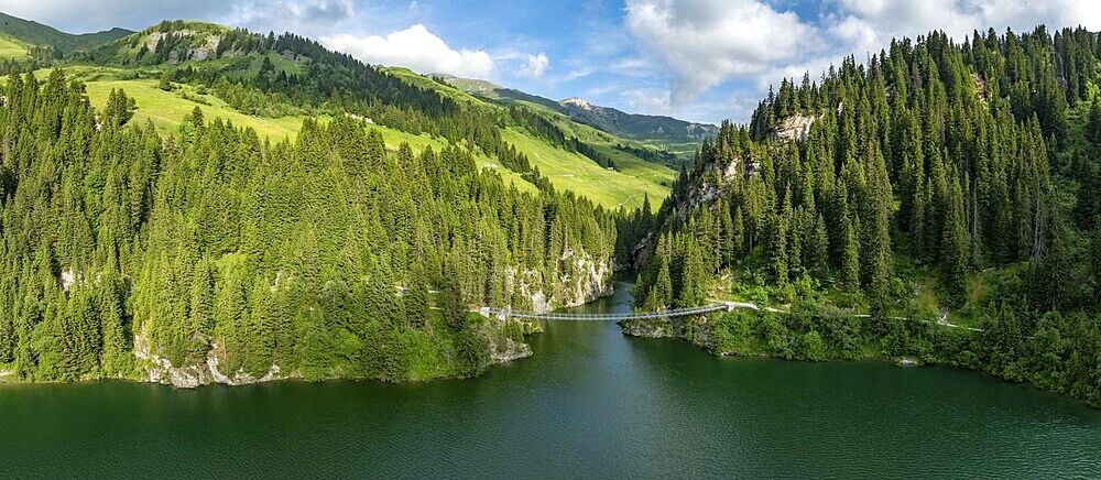 Suspension bridge, drone image, Passerelle himalayenne du lac de St-Guérin, Beaufort, Beaufortain, Savoie, France