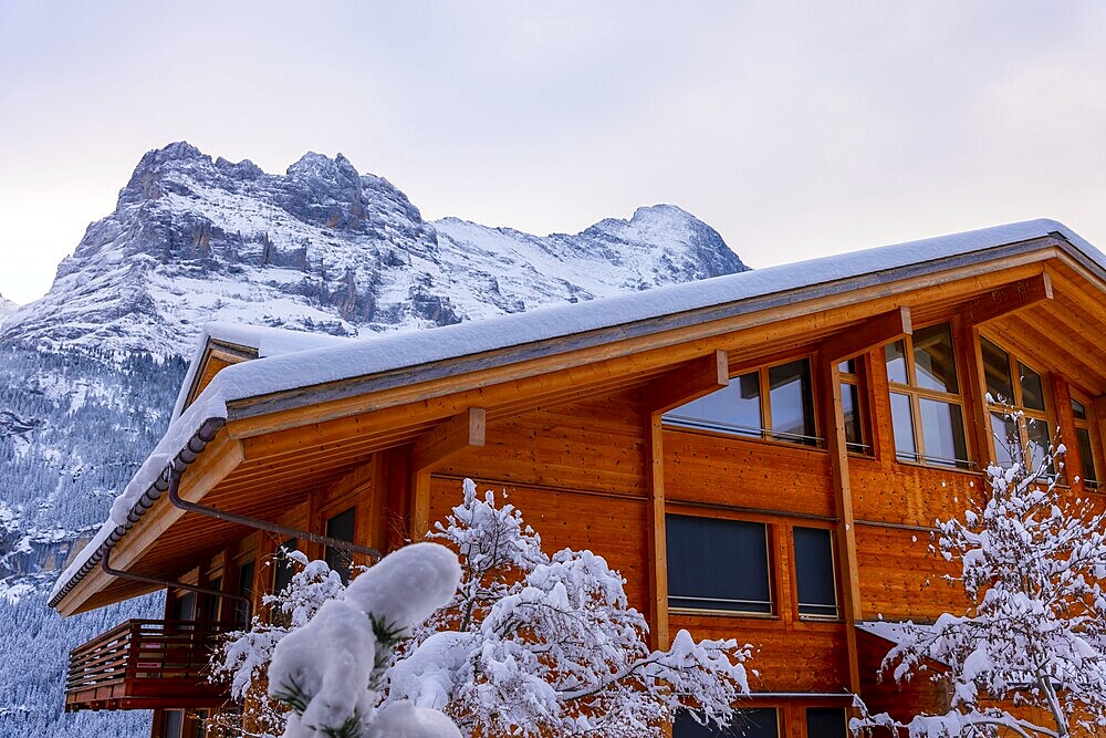 House and Mountain Peak Eiger in a Snowy Winter Day in Grindelwald, Bern Canton, Switzerland
