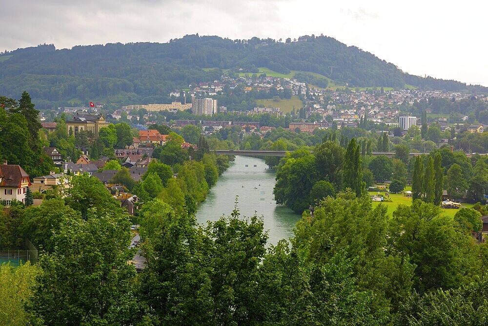 Beautiful Cityscape with Forest and River Aare in a Rainy Day with Overcast Sky in Bern, Canton Bern, Switzerland