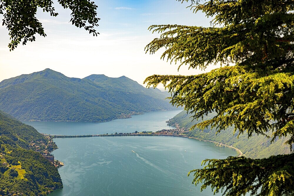 Panoramic View over Lake Lugano and Mountain View in the Swiss Alps in a Sunny Summer Day in Lugano, Ticino, Switzerland