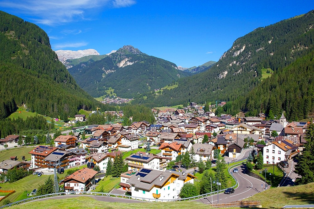 View over town from above, Canazei, Trentino-Alto Adige, Italy, Europe